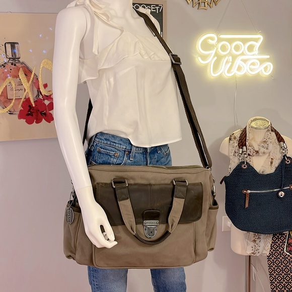 Fossil Handbags - Fossil Leather and Canvas Messenger Briefcase Travel Weekender bag large